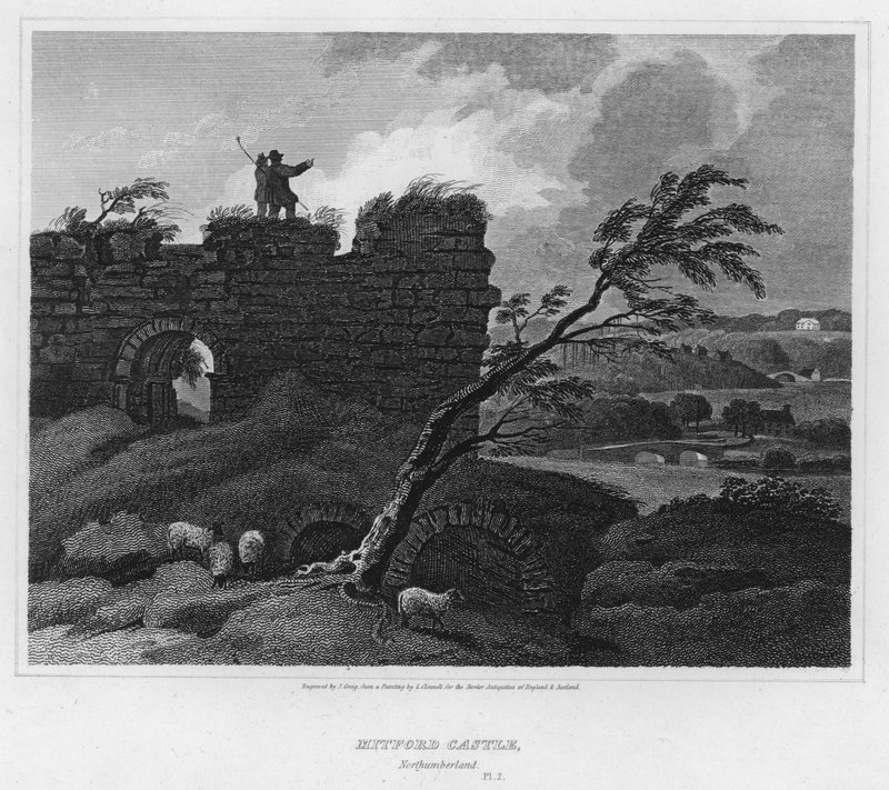 Mitford Castle, Northumberland (gravering) av Luke (after) Clennell