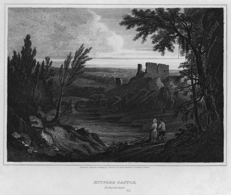 Mitford Castle, Northumberland (gravering) av Luke (after) Clennell