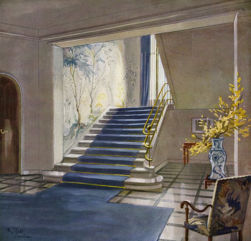 Interiør fra 1930-tallet: Trapp (farge litho) av M. Stier