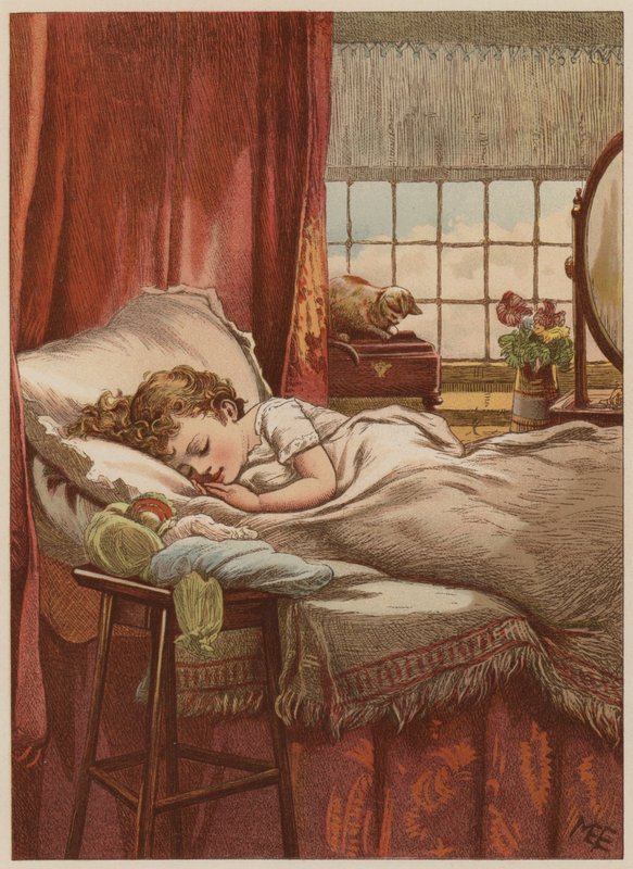 Barn sover i sengen (chromolitho) av Mary Ellen Edwards