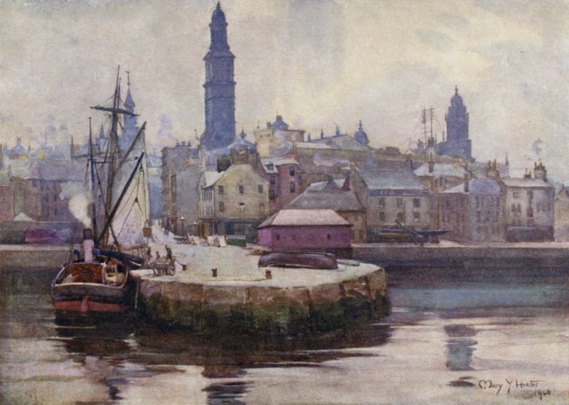 West Harbour, Greenock (farge litho) av Mary Young Hunter
