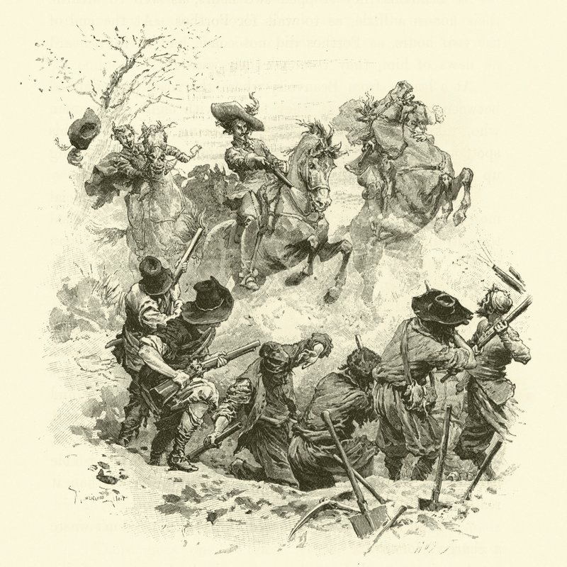 Illustrasjon for The Three Musketeers (gravering) av Maurice Leloir