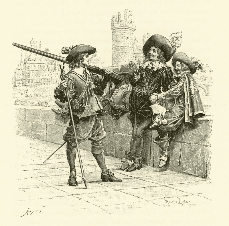 Illustrasjon for The Three Musketeers (gravering) av Maurice Leloir