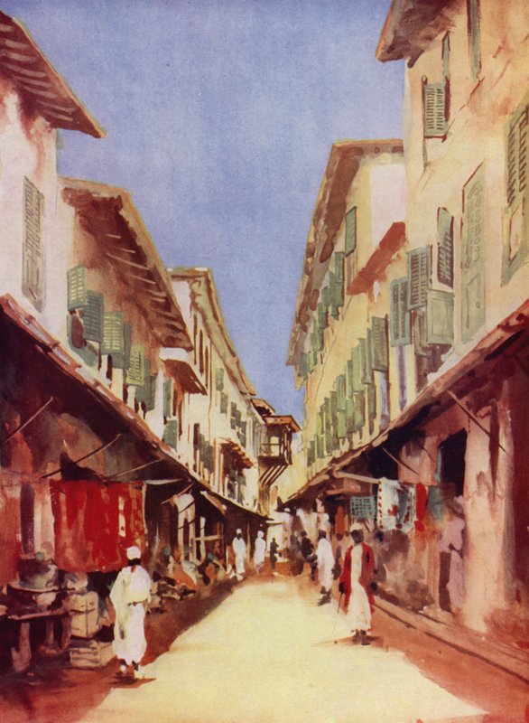 En gate i Zanzibar (farge litho) av Maurice Randall
