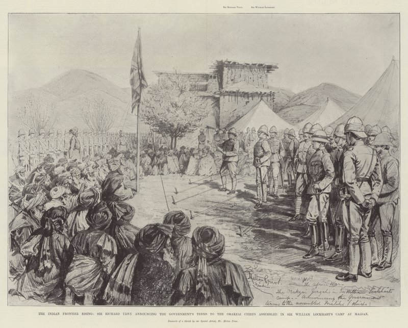 The Indian Frontier Rising, Sir Richard Udny kunngjør regjeringens vilkår til Orakzai-sjefene samlet i Sir William Lockharts leir i Maidan av Melton Prior