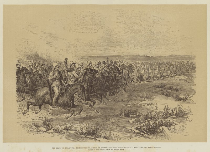 The Relief of Khartoum, testing av stabiliteten til kameler, 19. husarer som lader ved et hjørne av Camel Square av Melton Prior