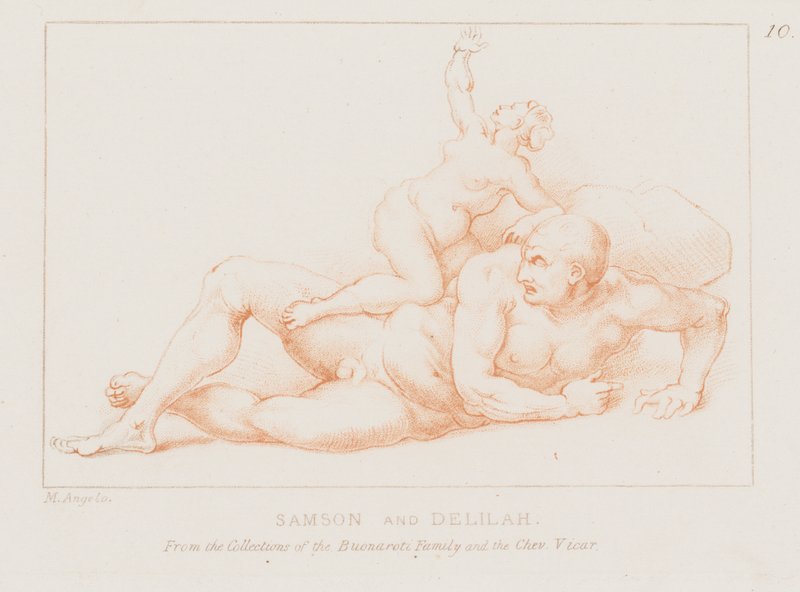 Samson og Delila (etsing) av Michelangelo (after) Buonarroti