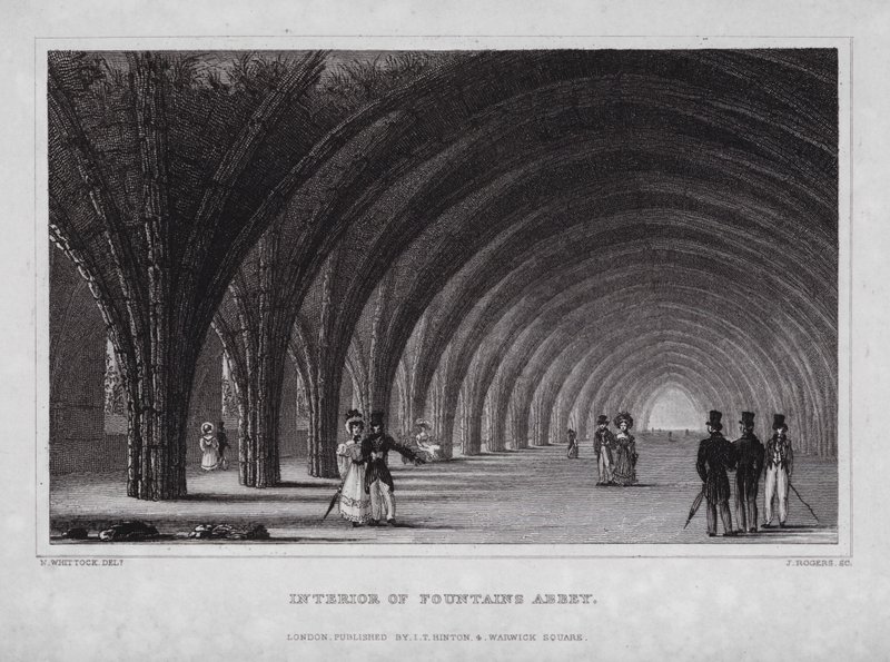 Interiør i Fountains Abbey (gravering) av Nathaniel (after) Whittock
