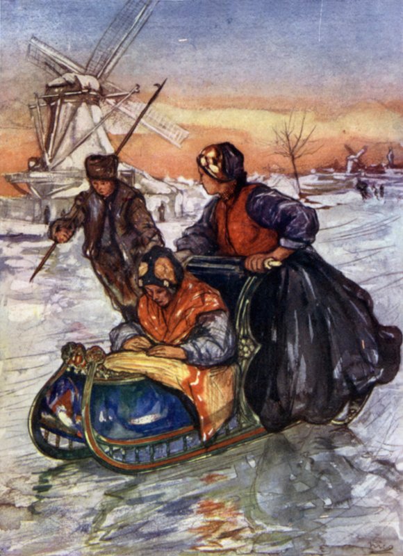 Et løp på skøyter (farge litho) av Nico Jungman