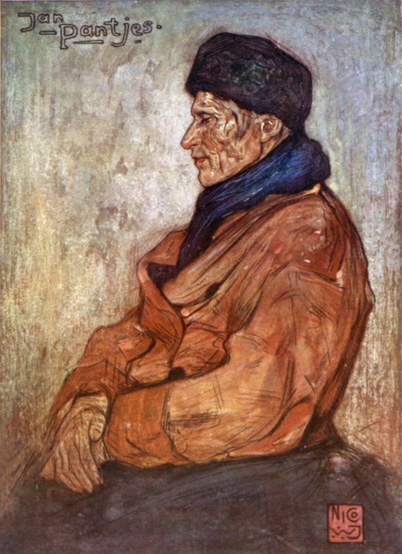 En gammel fisker (farge litho) av Nico Jungman