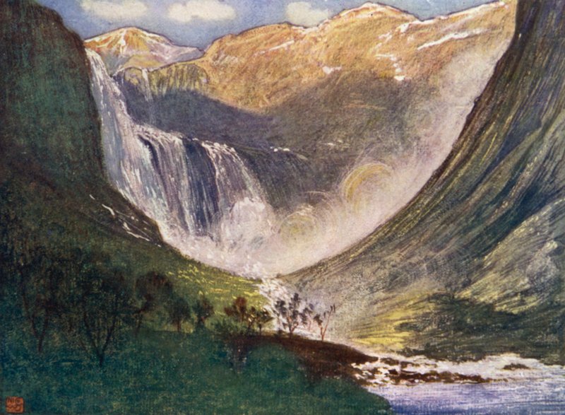 Norge: Skjaeggedalsfos, Hardanger (farge litho) av Nico Jungman