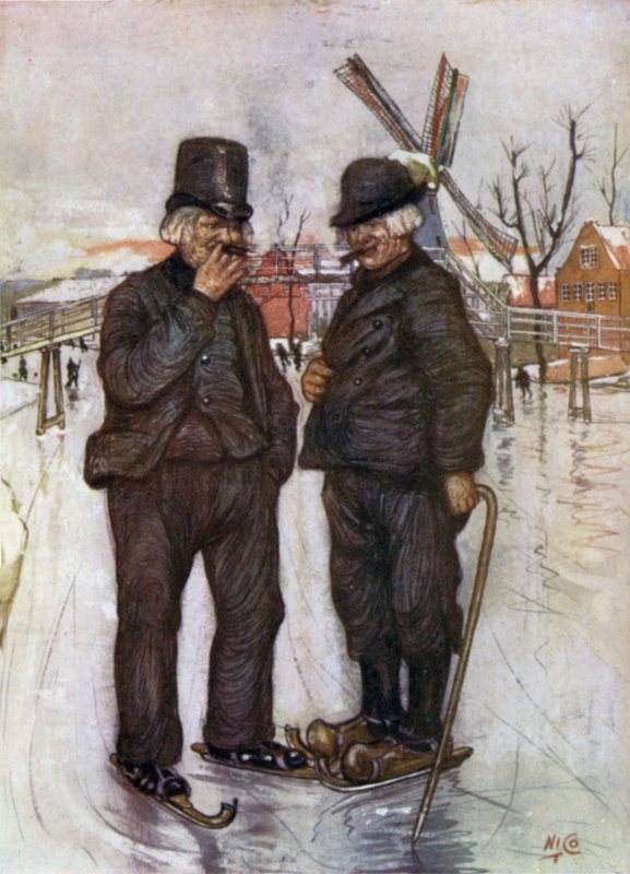 Gamle nederlendere på skøyter (farge litho) av Nico Jungman