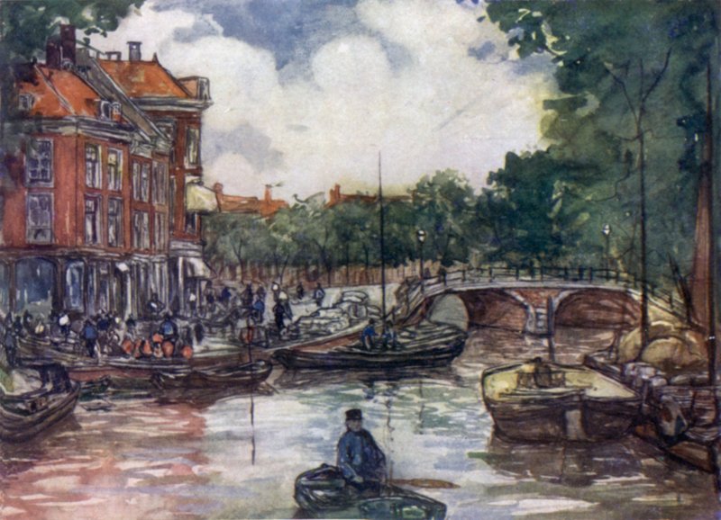 Fiskebroen, Leiden (farge litho) av Nico Jungman
