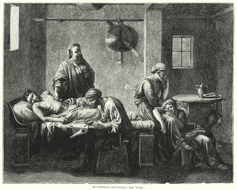 Eudemidas dikterer hans testamente (gravering) av Nicolas (after) Poussin