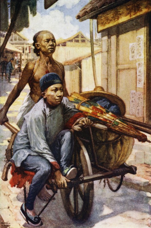 Kina: En trillebår (farge litho) av Norman Hardy