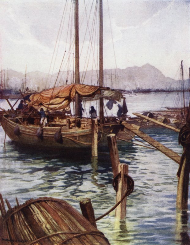 Kina: Hong Kong havn (farge litho) av Norman Hardy