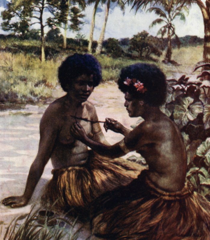 Tatovering, Britisk Ny-Guinea (farge litho) av Norman Hardy