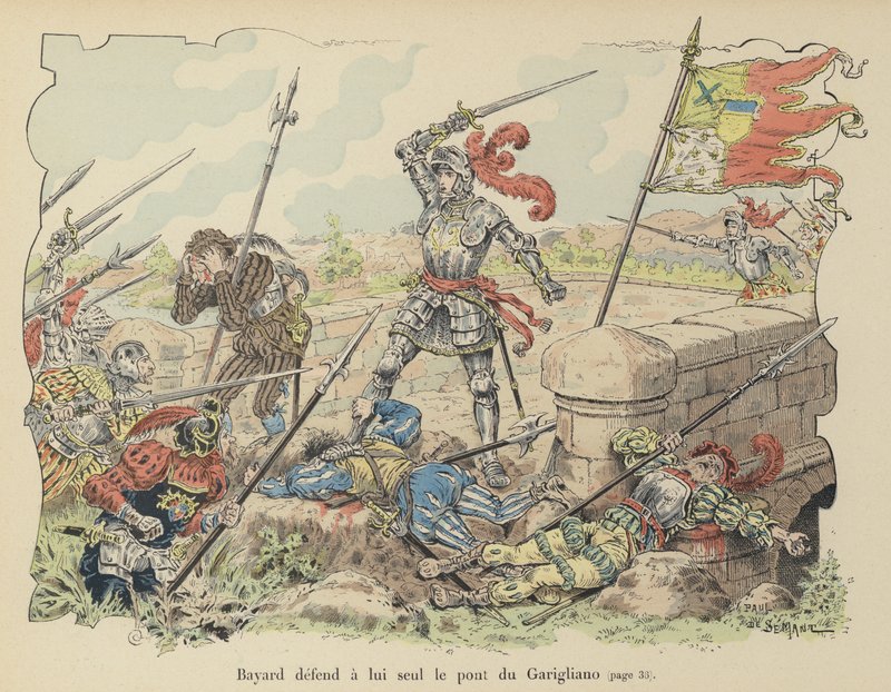 Chevalier de Bayard forsvarer på egenhånd broen til Garigliano mot spanjolene, Italia, 1503 av Paul de Semant
