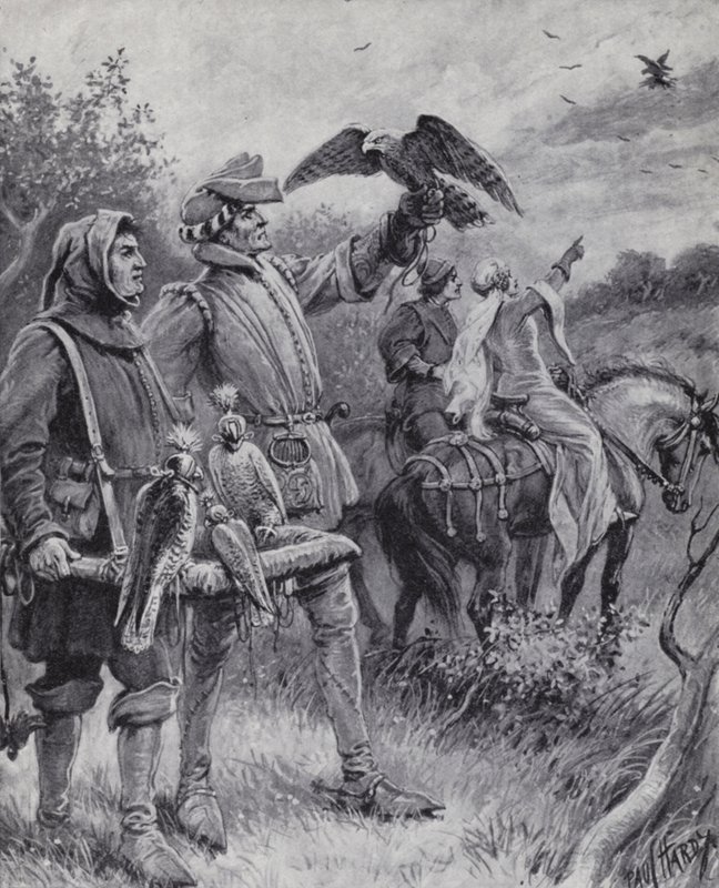 Falkejakt i middelalderen (litho) av Paul (after) Hardy