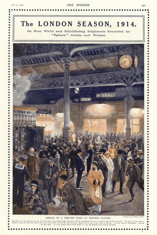 Ankomst av et teatertog på Victoria Station, London av Philip Dadd