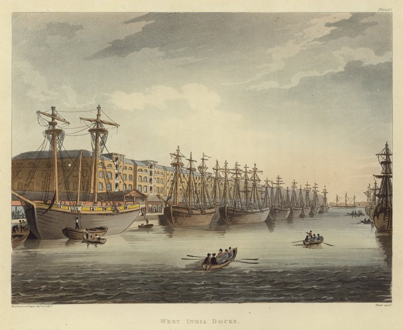 West India Docks av Pugin and Rowlandson