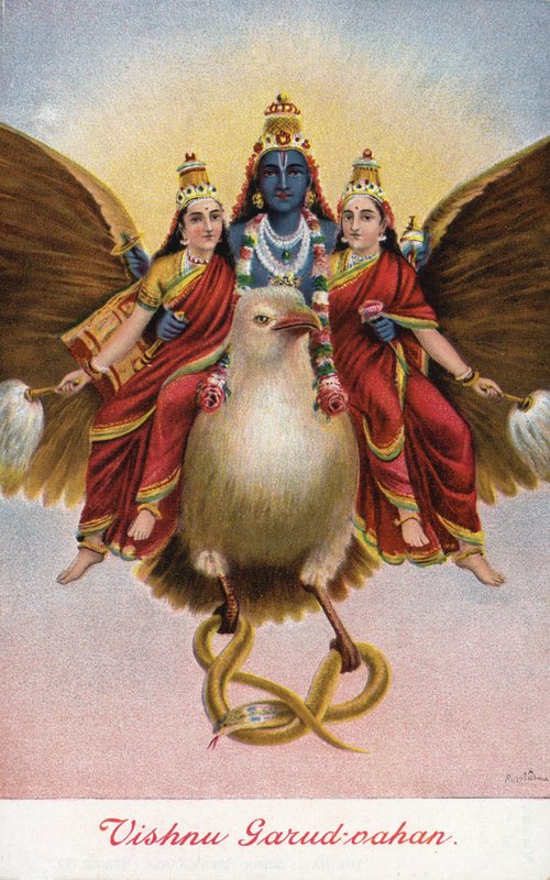 Den hinduistiske guden Vishnu, kjører på kjøretøyet sitt Garuda av Raja Ravi Varma