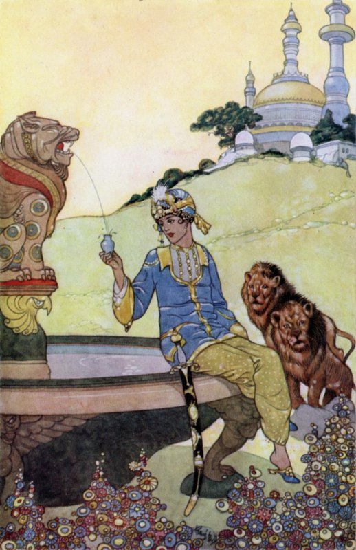 Prins Ahmed fyller flasken sin (farge litho) av René Bull