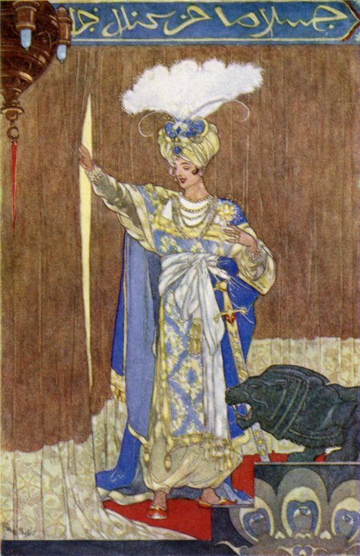 Kalifen nyter vitsen sin (litho-farge) av René Bull