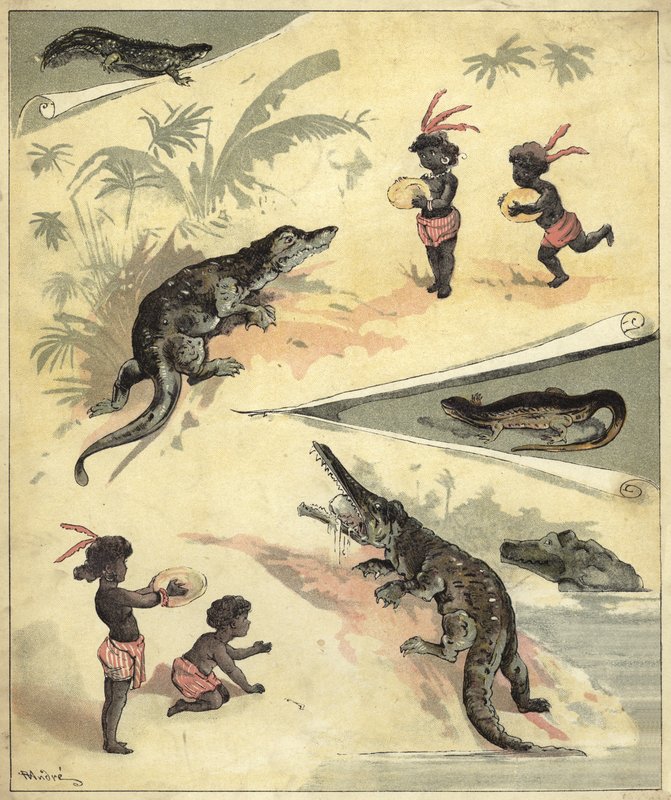 Afrikanske barn leker med krokodiller (chromolitho) av Richard Andre