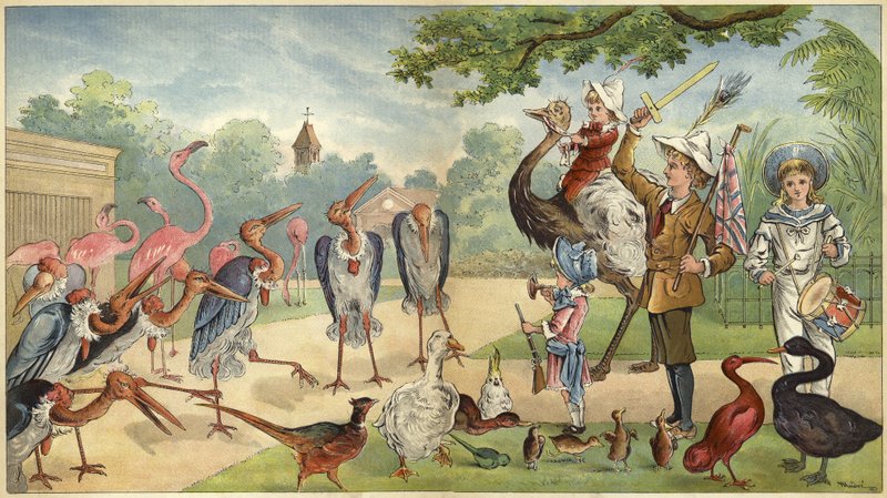 Barn som henvender seg til fuglene i dyrehagen (chromolitho) av Richard Andre