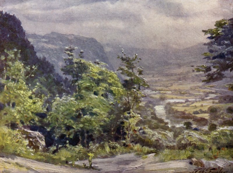 Conway Valley (farge litho) av Robert (after) Fowler