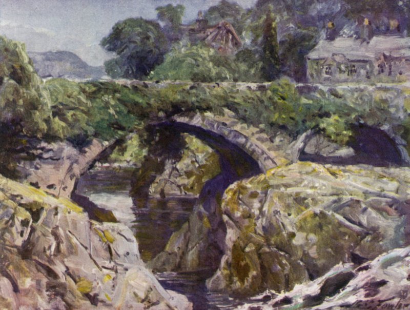 Den gamle broen, Bettws-y-Coed (farge litho) av Robert (after) Fowler