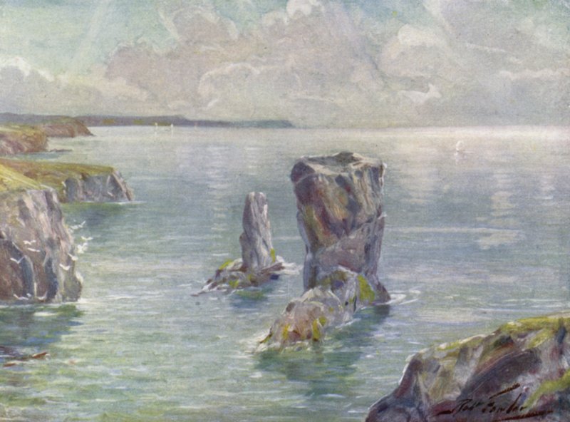 The Stacks, nær Tenby (farge litho) av Robert (after) Fowler