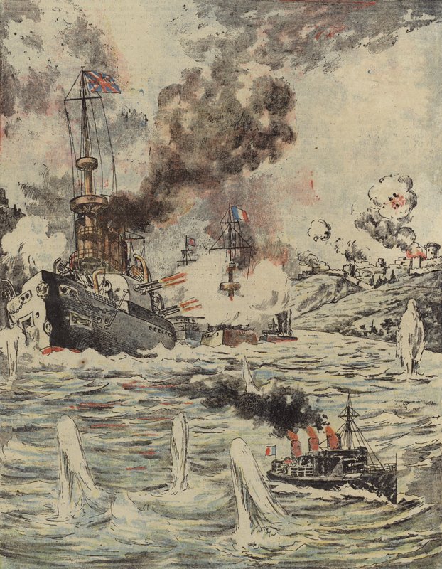 Britiske og franske krigsskip bombarderte tyrkiske stillinger i Dardanellene, 1915 av Romanian School