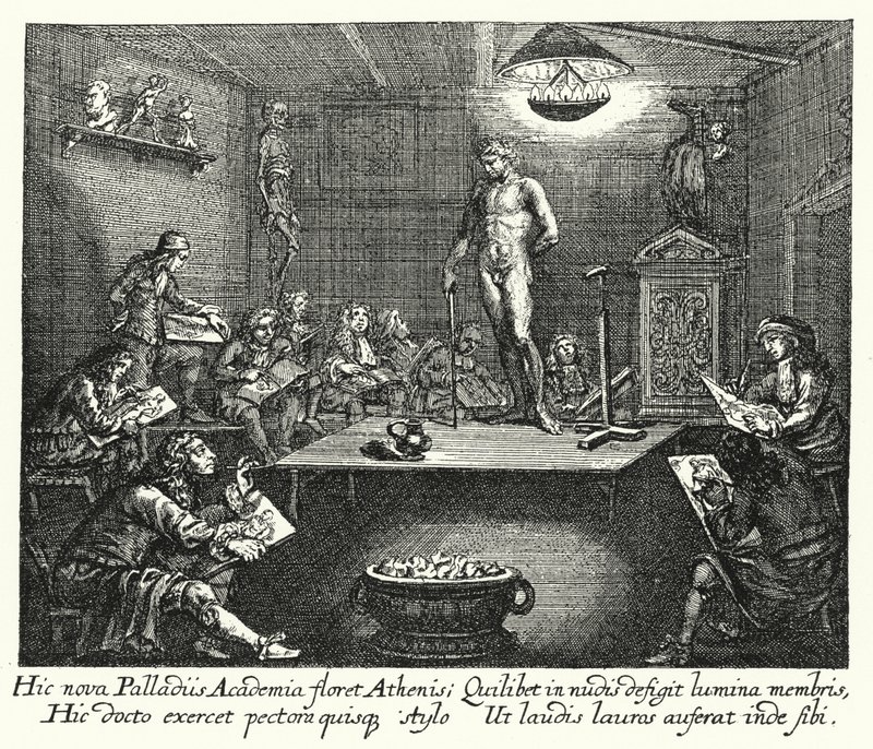 Akademiet (gravering) av Romeyn de (after) Hooghe