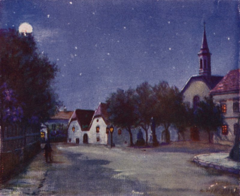 Den gamle Pfarrplatz i Heiligenstadt (farge litho) av Rudolf Klingsbogl