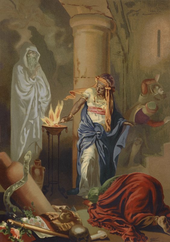 The Witch of Endor som tilkaller Samuels ånd av Spanish School