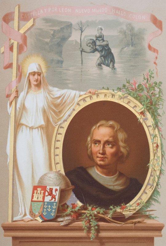 Christopher Columbus , genovesisk navigatør (chromolitho) av Spanish School