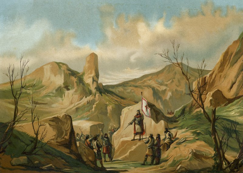 Pelagius av Asturias ved Covadonga, Spania, c722 av Spanish School