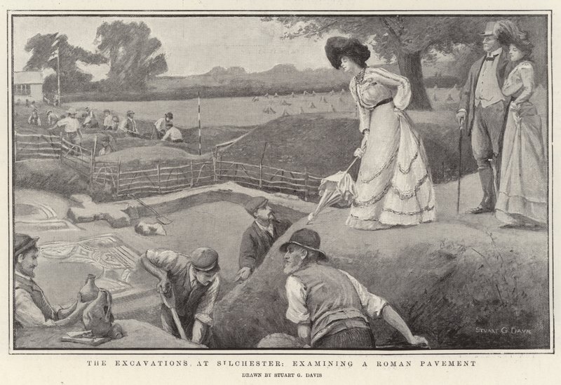 Utgravningene i Silchester, undersøkte en romersk fortau-litho av Stuart G. Davis