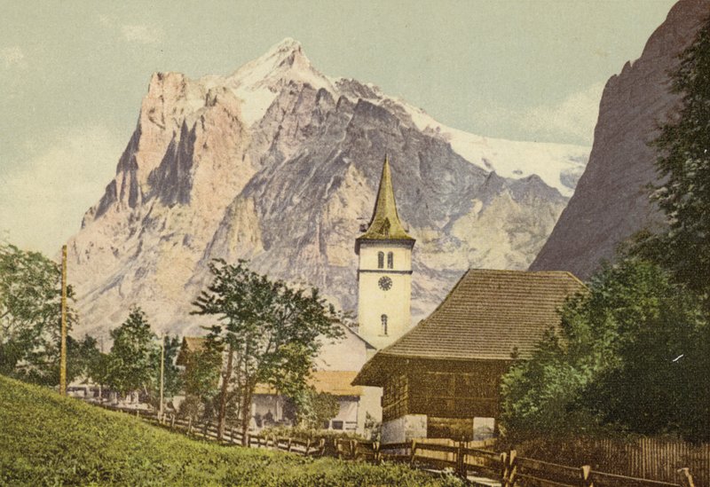 Berner Oberland: Grindelwald med kirke (farget bilde) av Swiss Photographer
