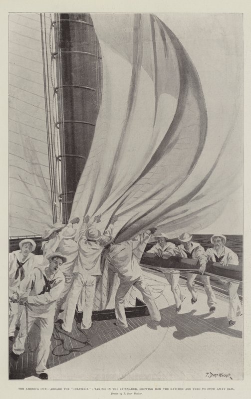 America Cup, Aboard the Columbia, tar inn Spinnakeren, og viser hvordan lukene brukes til å stuve bort seil av T. Dart Walker