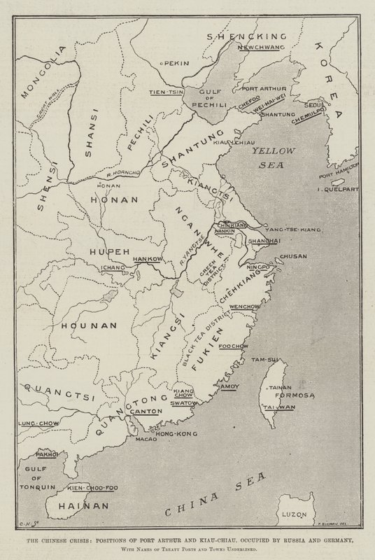 Den kinesiske krisen, posisjonene til Port Arthur og Kiau-Chiau, okkupert av Russland og Tyskland, med navn på traktathavner og -byer understreket av Thomas Sulman