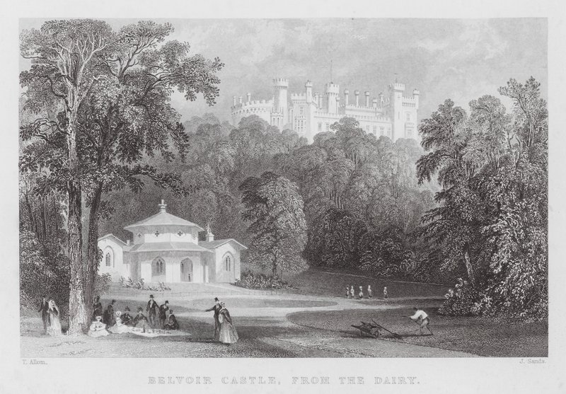 Belvoir Castle, fra meieriet (gravering) av Thomas (after) Allom