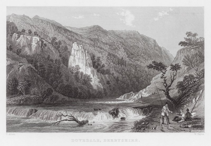 Dovedale, Derbyshire (gravering) av Thomas (after) Allom