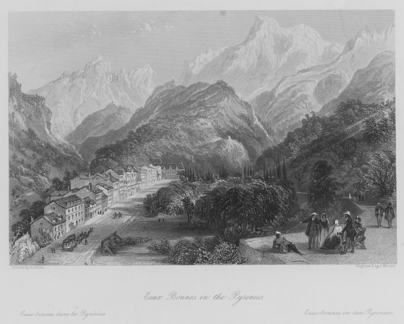 Eaux Bonnes, i Pyreneene (gravering) av Thomas (after) Allom