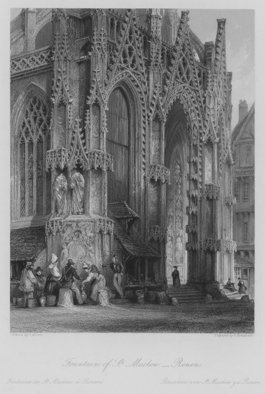 Fountain of St Maclou, Rouen (gravering) av Thomas (after) Allom