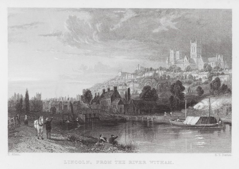 Lincoln, fra elven Witham (gravering) av Thomas (after) Allom