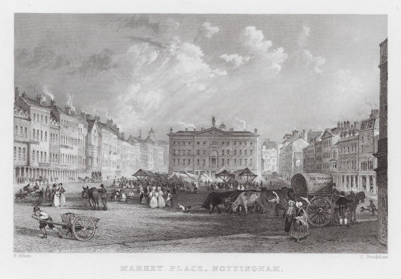 Market Place, Nottingham (gravering) av Thomas (after) Allom