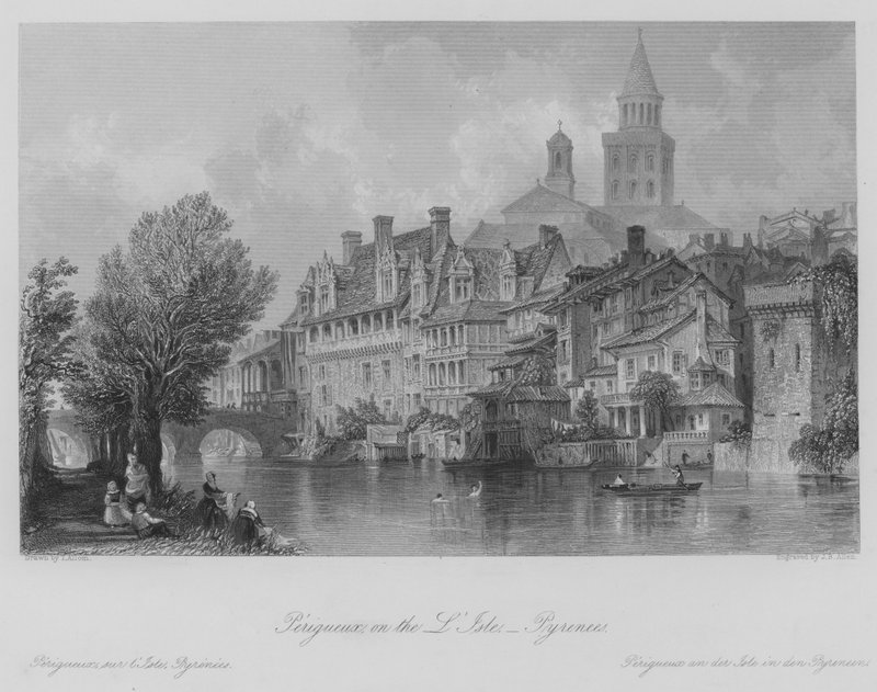 Perigueux, på Isle, Pyreneene (gravering) av Thomas (after) Allom